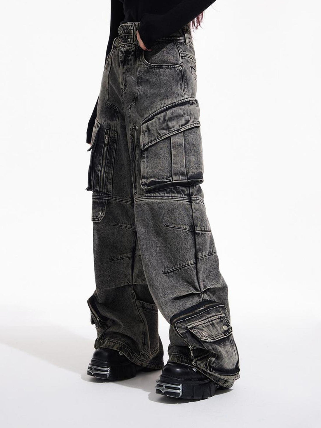Peoplesense Vintage Utility Cargo Jeans Unisex Wide Leg Trousers