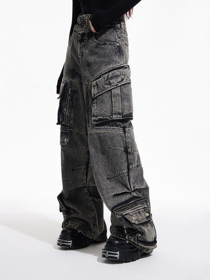 Peoplesense Vintage Utility Cargo Jeans Unisex Wide Leg Trousers