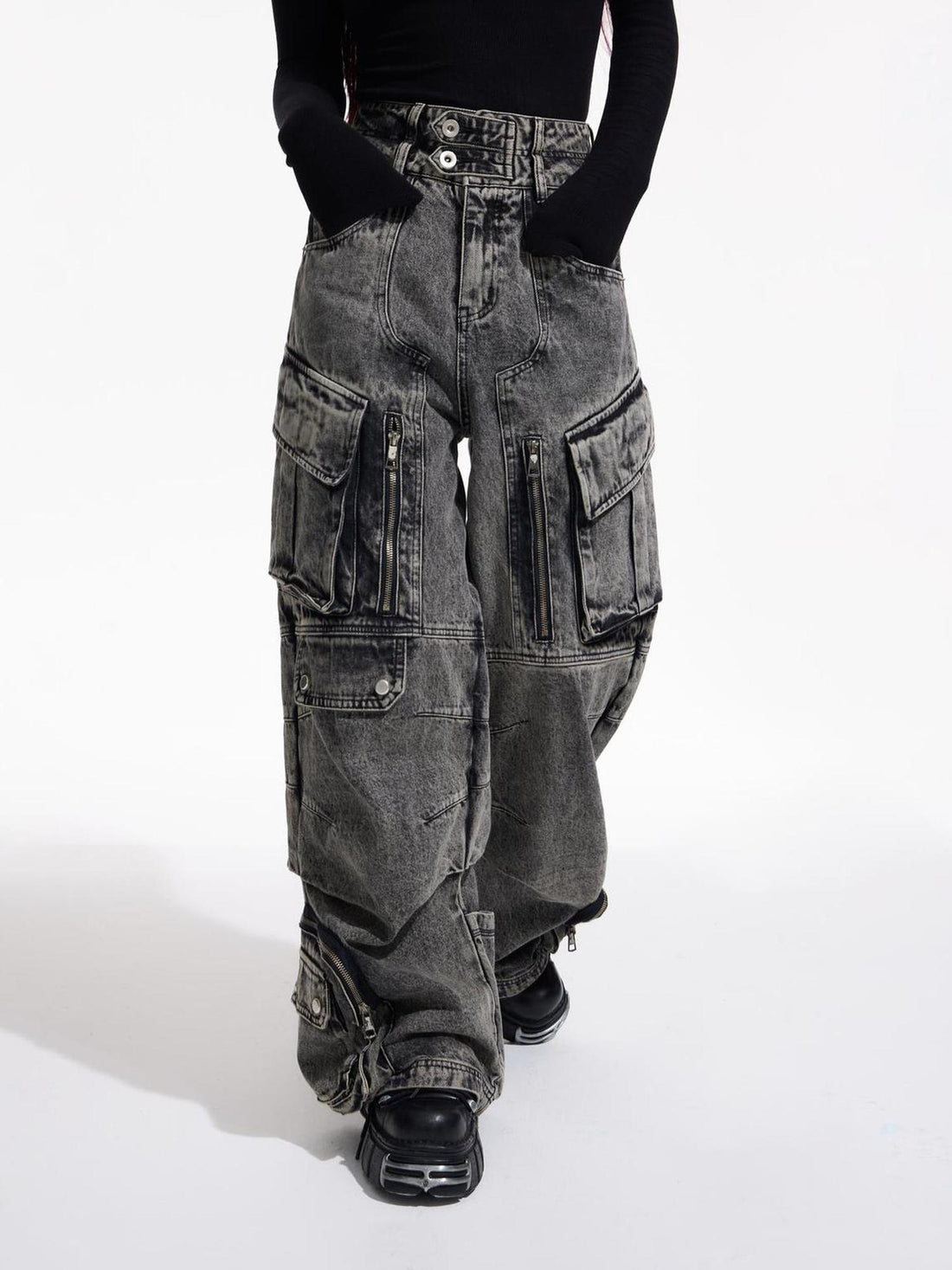 Peoplesense Vintage Utility Cargo Jeans Unisex Wide Leg Trousers