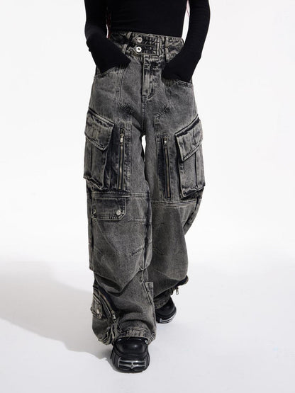Peoplesense Vintage Utility Cargo Jeans Unisex Wide Leg Trousers