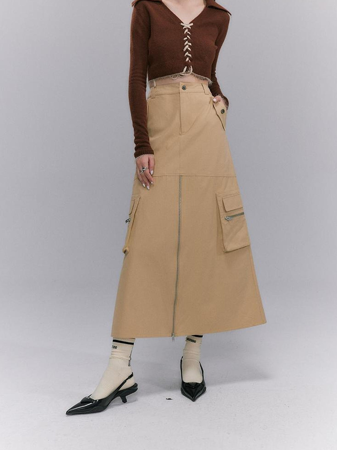 DIDDI MODA Vintage Utility Midi Skirt With Metal Zipper And Pockets