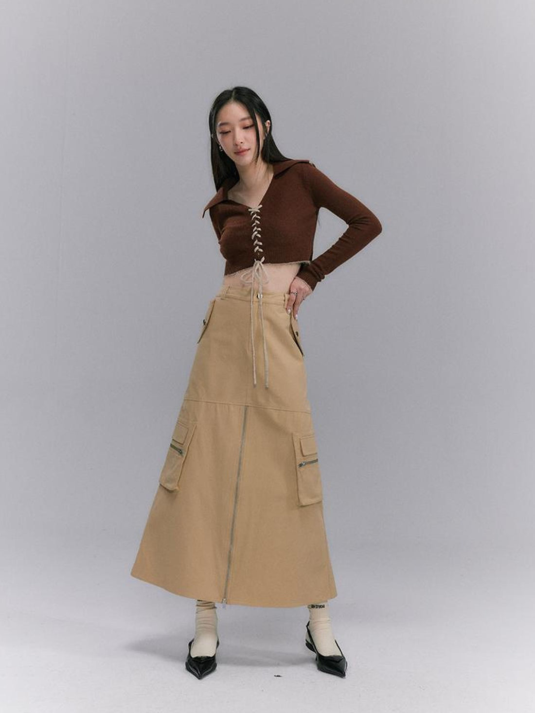 DIDDI MODA Vintage Utility Midi Skirt With Metal Zipper And Pockets