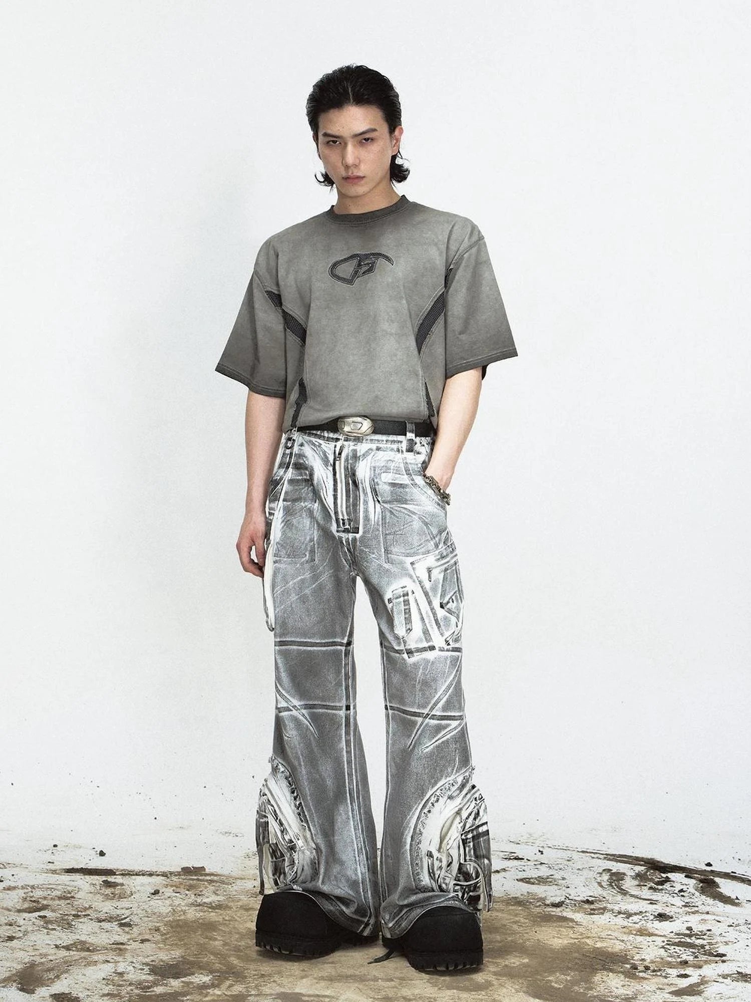 Vintage Wash Loose Fit Wide Leg Denim Jeans Elastic Cotton Casual Pants