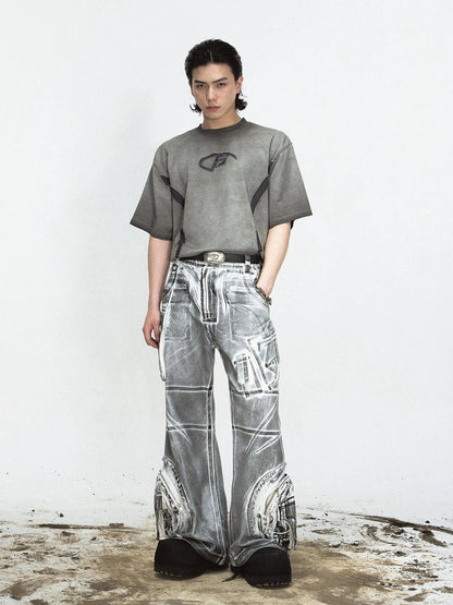 Vintage Wash Loose Fit Wide Leg Denim Jeans Elastic Cotton Casual Pants