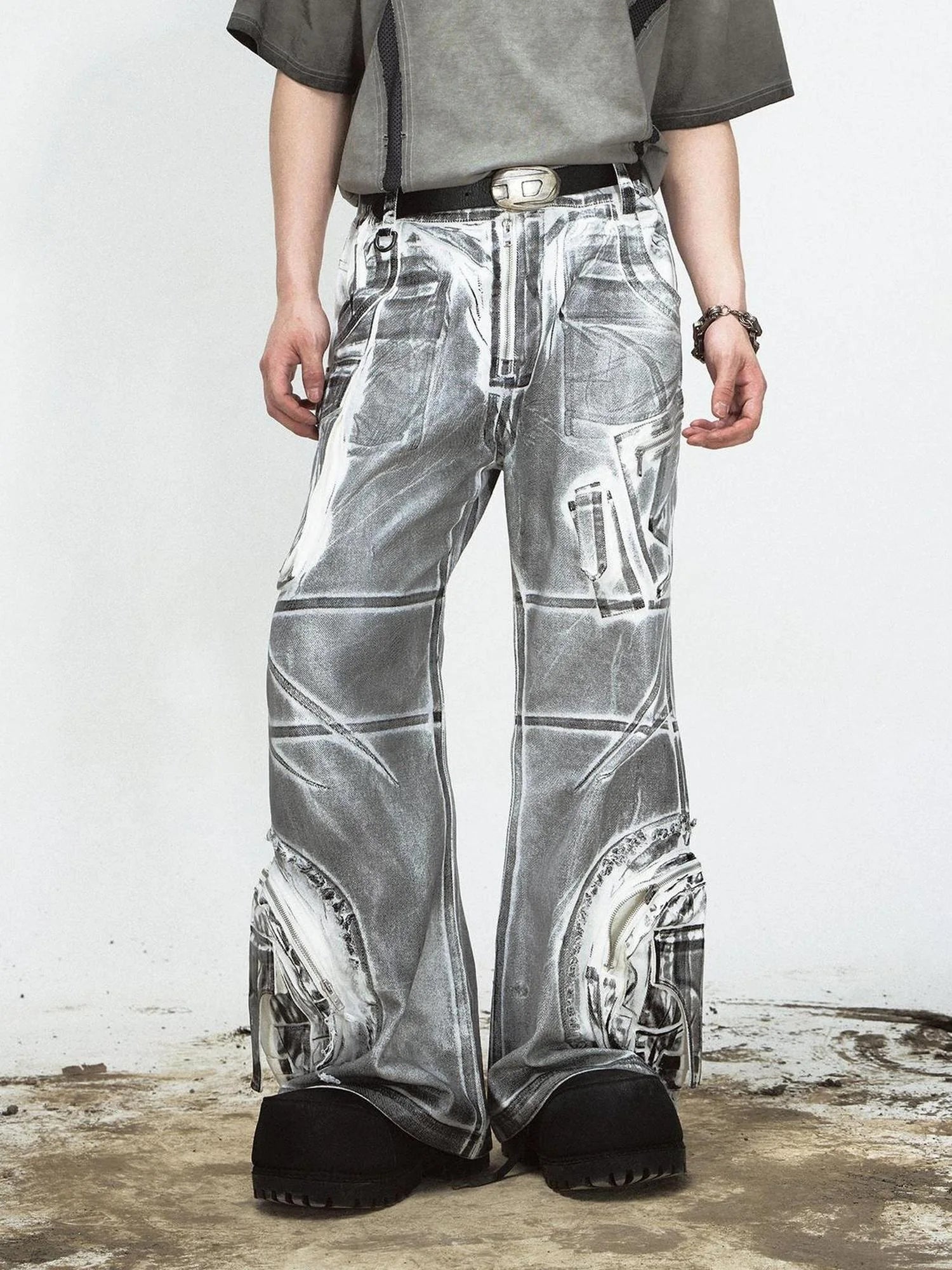 Vintage Wash Loose Fit Wide Leg Denim Jeans Elastic Cotton Casual Pants