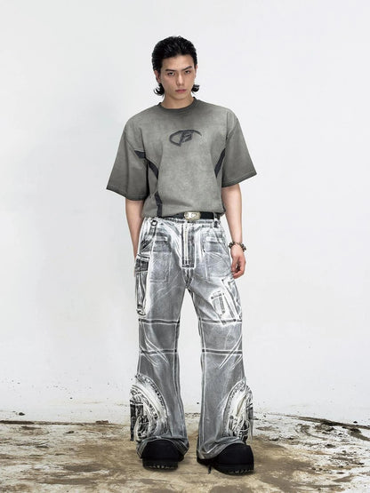 Vintage Wash Loose Fit Wide Leg Denim Jeans Elastic Cotton Casual Pants