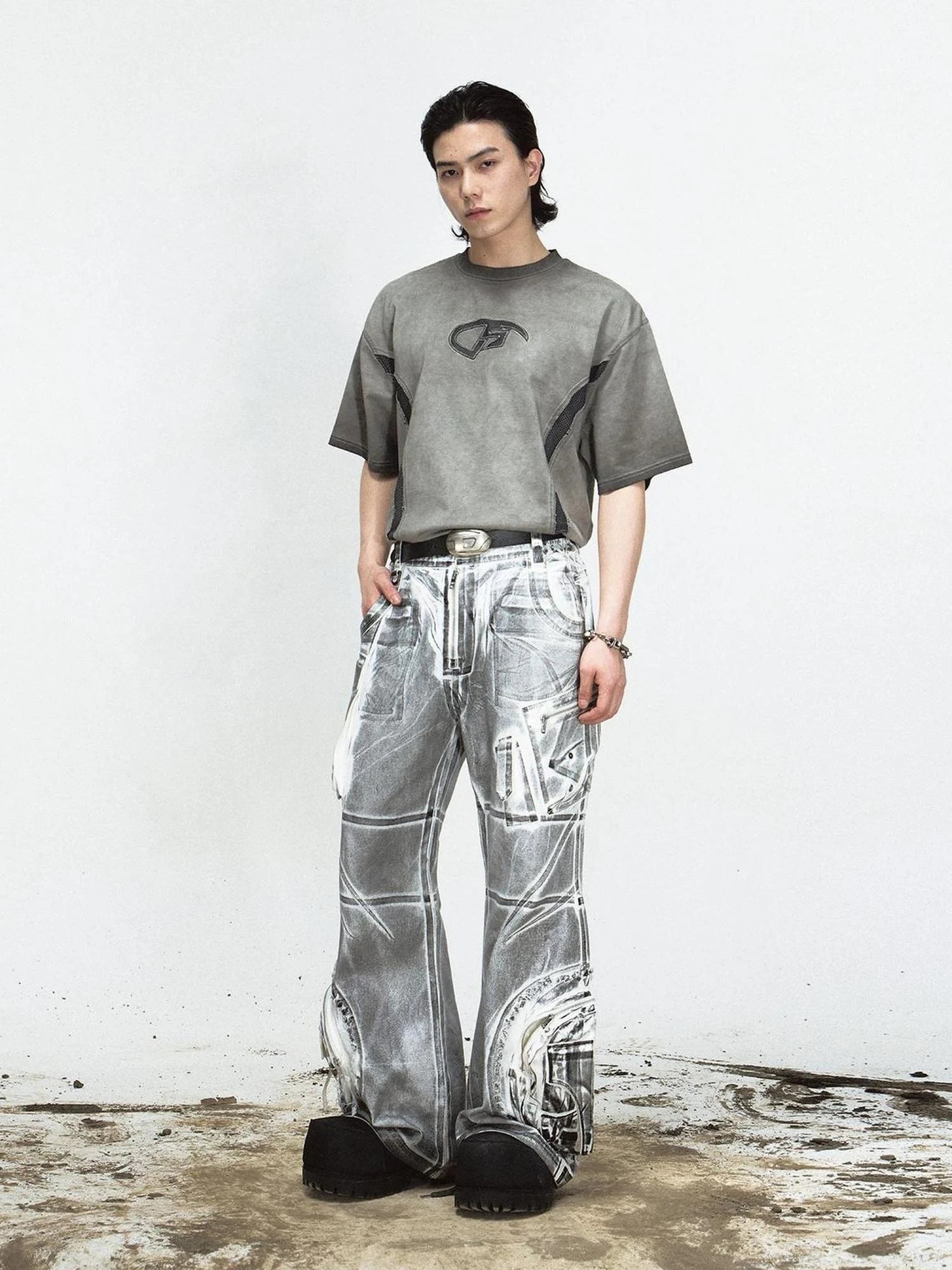 Vintage Wash Loose Fit Wide Leg Denim Jeans Elastic Cotton Casual Pants