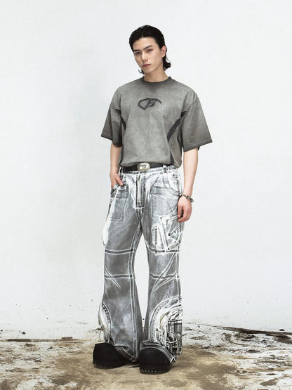 Vintage Wash Loose Fit Wide Leg Denim Jeans Elastic Cotton Casual Pants