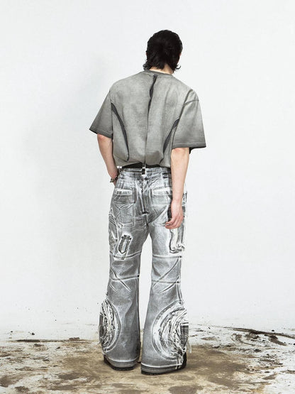 Vintage Wash Loose Fit Wide Leg Denim Jeans Elastic Cotton Casual Pants