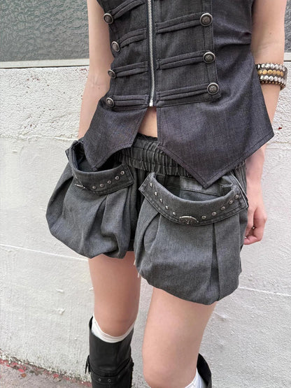 Vintage Washed A-Line Cargo Shorts With Rivets