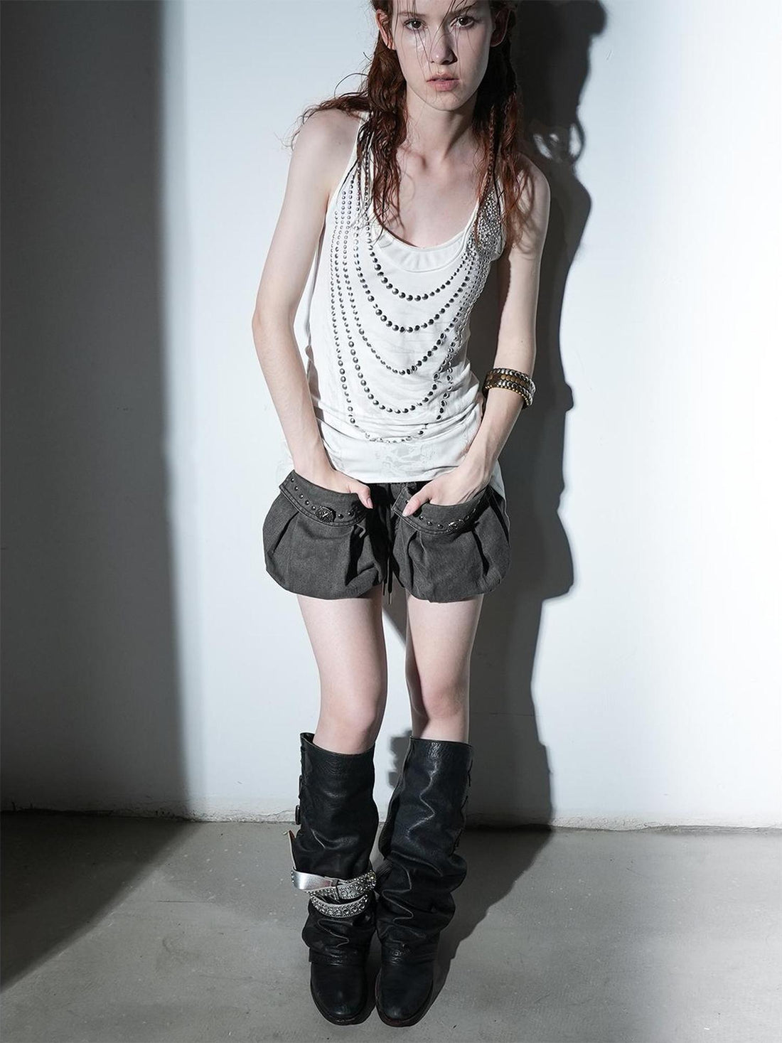 DoublePunch Vintage Washed A-Line Cargo Shorts With Rivets