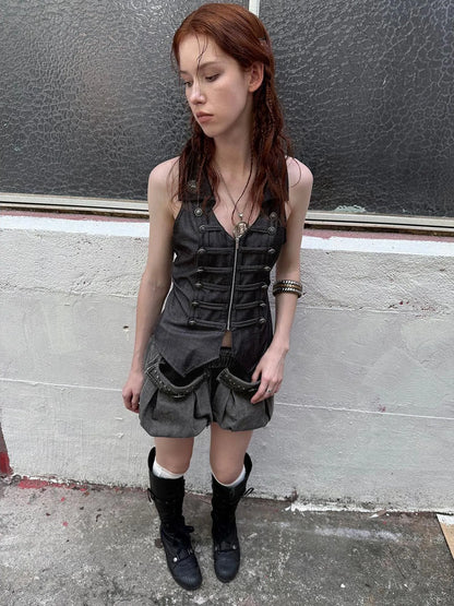 Vintage Washed A-Line Cargo Shorts With Rivets