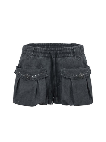 DoublePunch Vintage Washed A-Line Cargo Shorts With Rivets