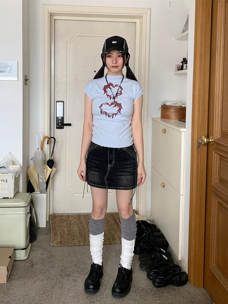 Vintage Washed Black Denim Mini Skirt With Lining Skirts