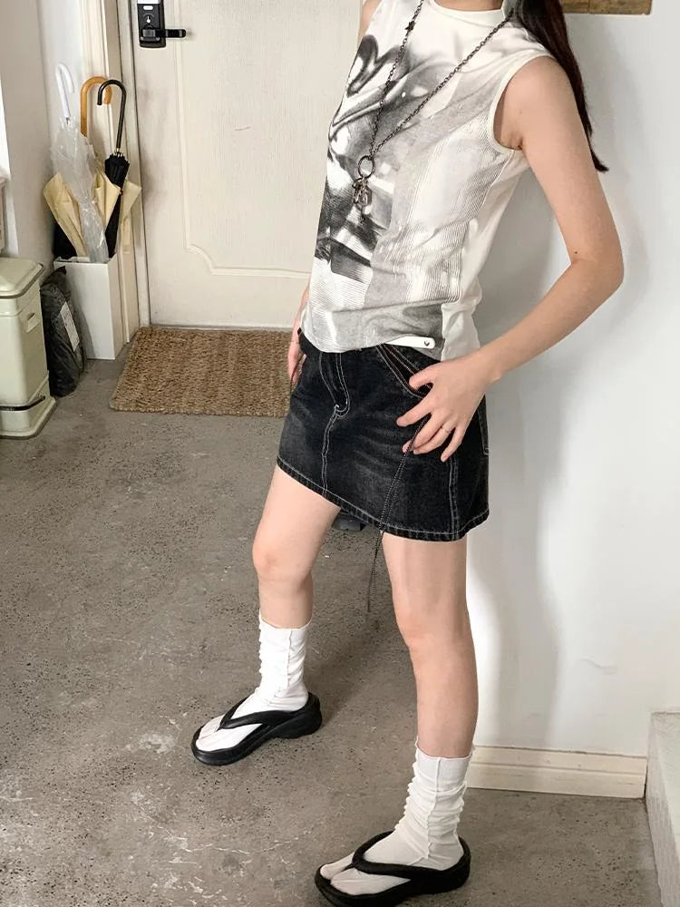 Vintage Washed Black Denim Mini Skirt With Lining Skirts