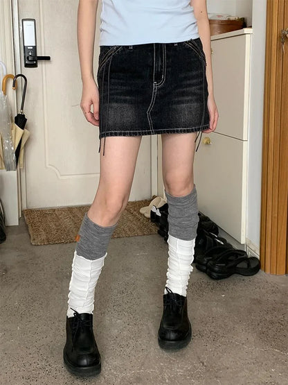 Vintage Washed Black Denim Mini Skirt With Lining Skirts