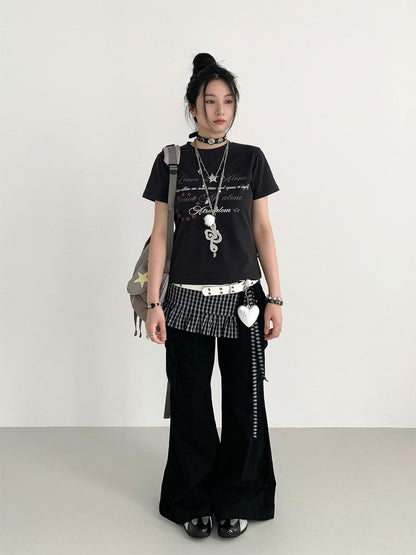 atrandom Vintage Washed Cargo Flare Low-Rise Wide Leg Pants