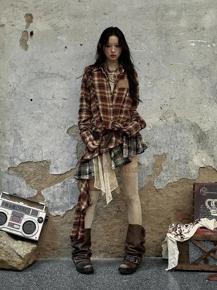 Vintage Washed Colorblock Plaid Shirt Cotton Linen Shirt