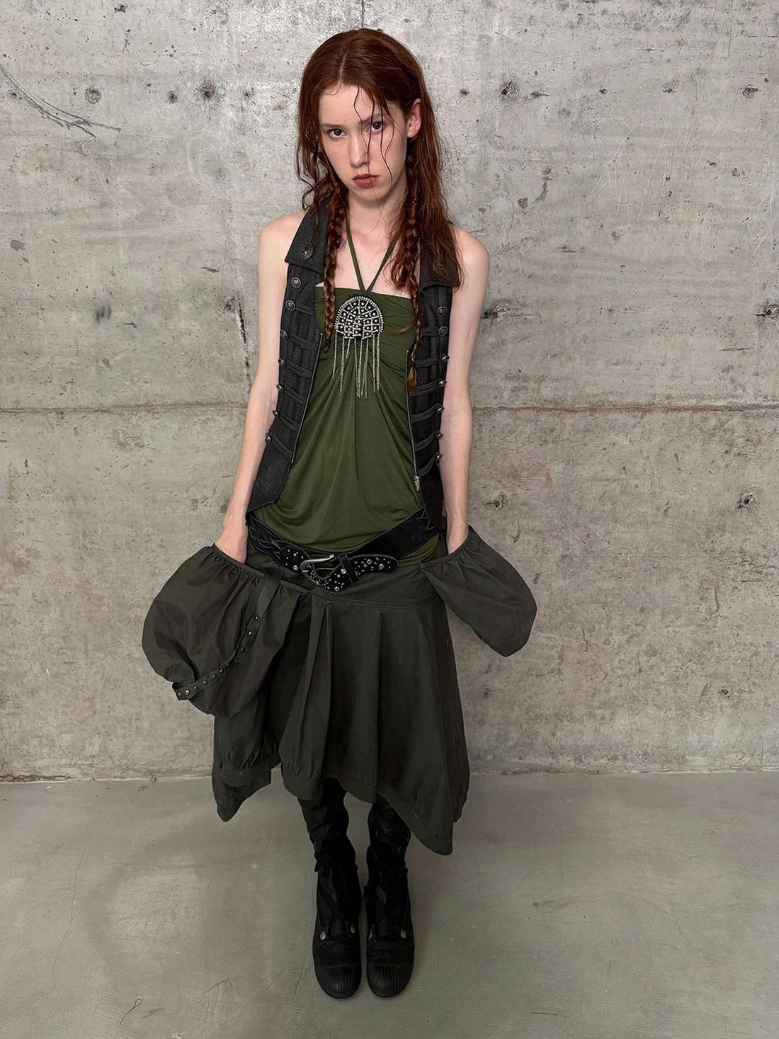 DoublePunch Vintage Washed Cotton A-Line Puffy Midi Skirt With Pockets