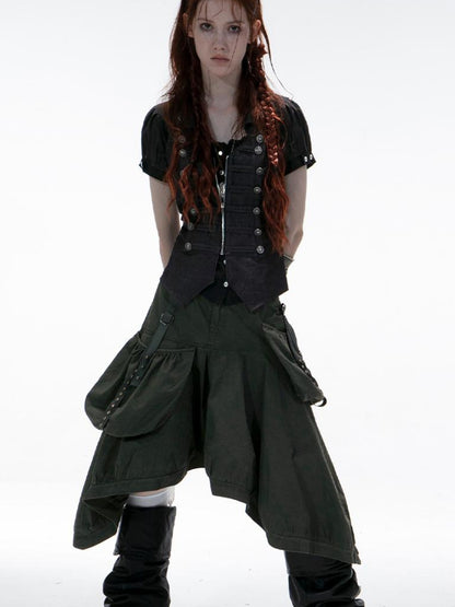 DoublePunch Vintage Washed Cotton A-Line Puffy Midi Skirt With Pockets