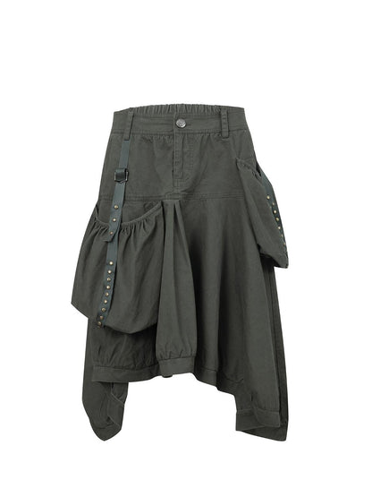 DoublePunch Vintage Washed Cotton A-Line Puffy Midi Skirt With Pockets
