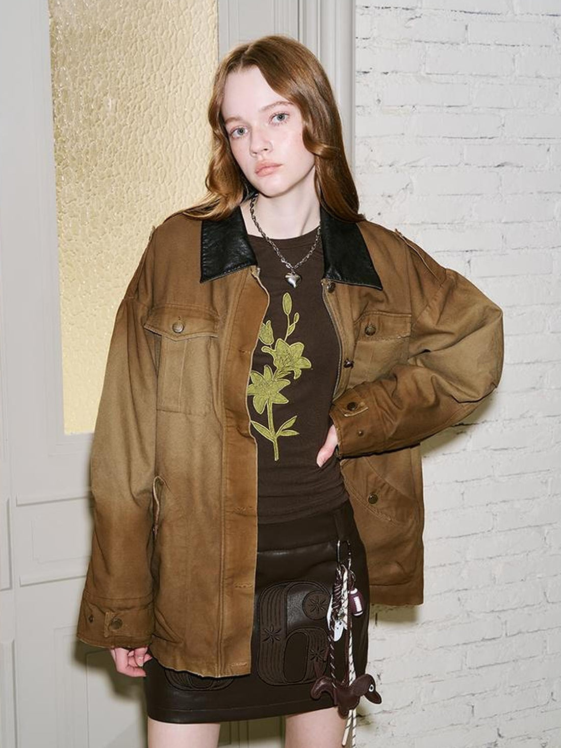 DIDDI MODA Vintage Washed Cotton Quilted Jacket With Leather Collar