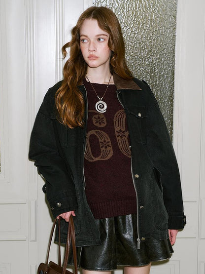 DIDDI MODA Vintage Washed Cotton Quilted Jacket With Leather Collar