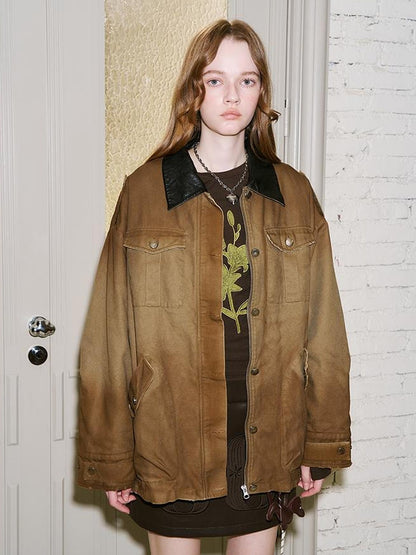 DIDDI MODA Vintage Washed Cotton Quilted Jacket With Leather Collar