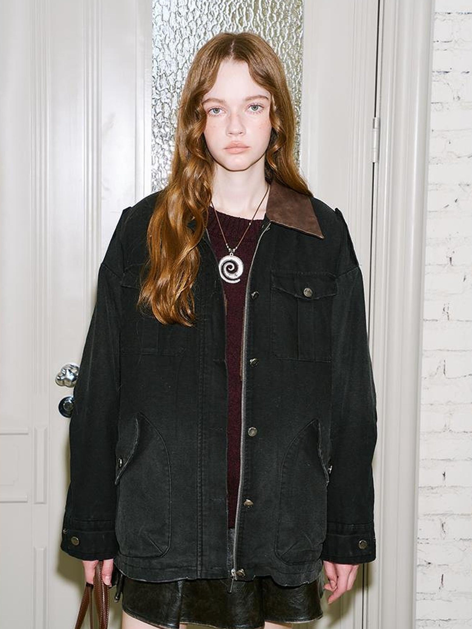 DIDDI MODA Vintage Washed Cotton Quilted Jacket With Leather Collar