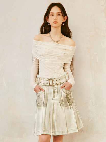 Vintage Washed Denim A-Linien-Faltenrock 