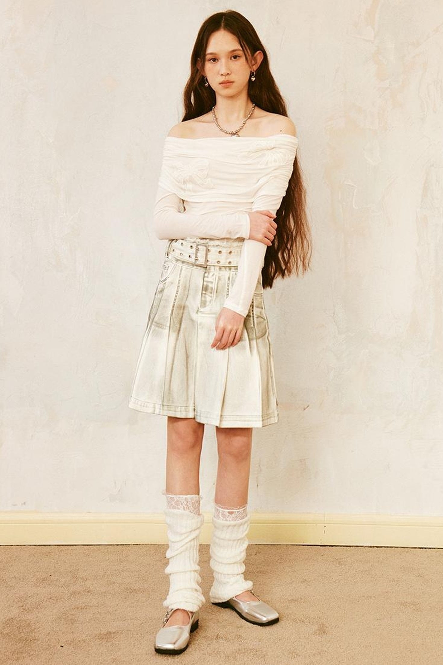 DIDDI MODA Vintage Washed Denim A Line Pleated Skirt