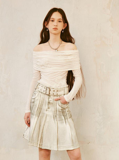 Vintage Washed Denim A-Linien-Faltenrock 