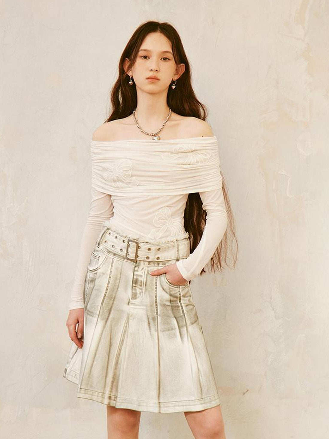 DIDDI MODA Vintage Washed Denim A Line Pleated Skirt