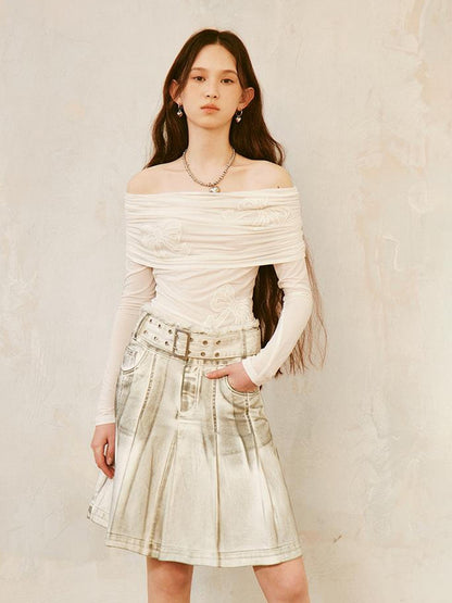DIDDI MODA Vintage Washed Denim A Line Pleated Skirt