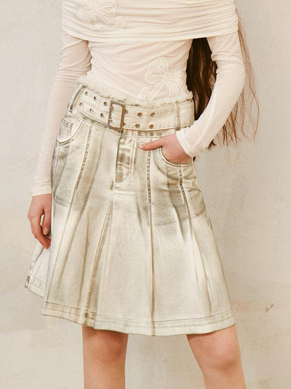 DIDDI MODA Vintage Washed Denim A Line Pleated Skirt