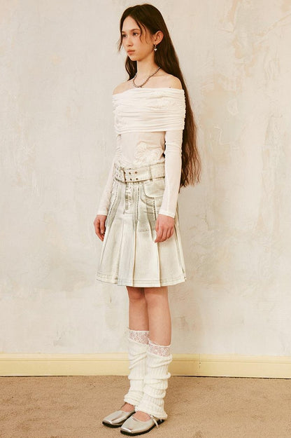 DIDDI MODA Vintage Washed Denim A Line Pleated Skirt