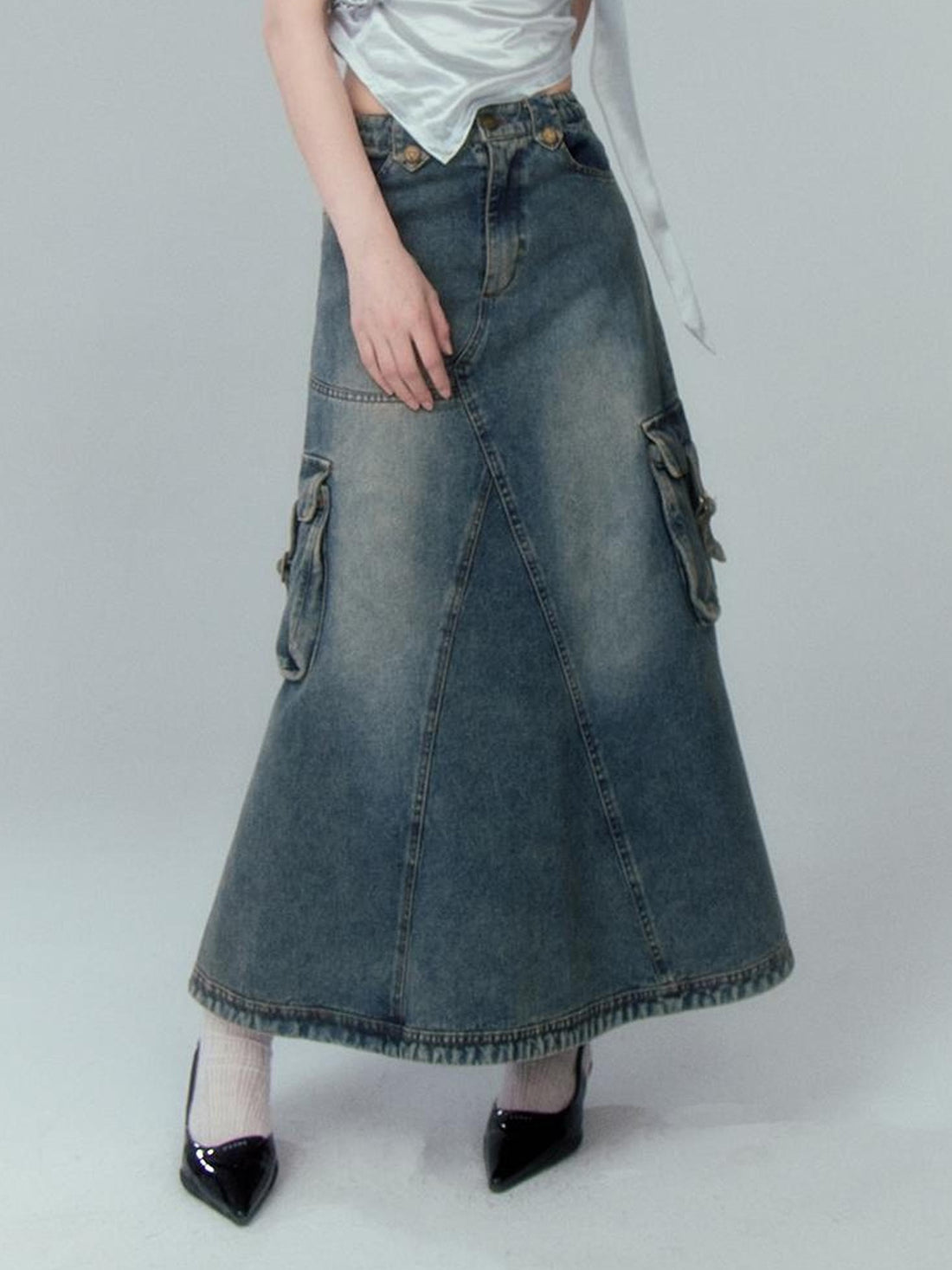 DIDDI MODA Vintage Washed Denim A Line Skirt With Layered Pockets