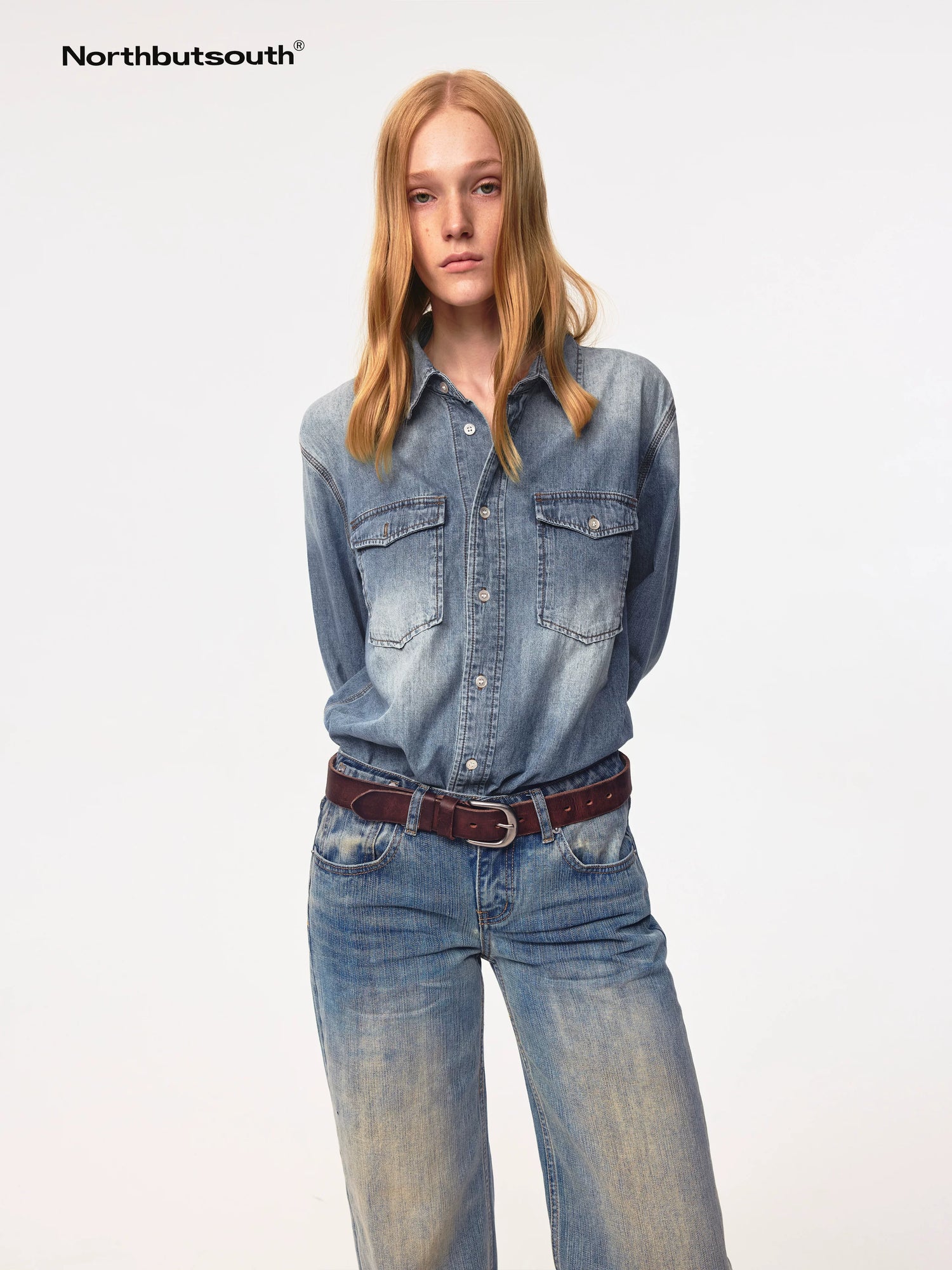 Vintage Washed Denim Shirt Jacket Lightweight Loose Fit