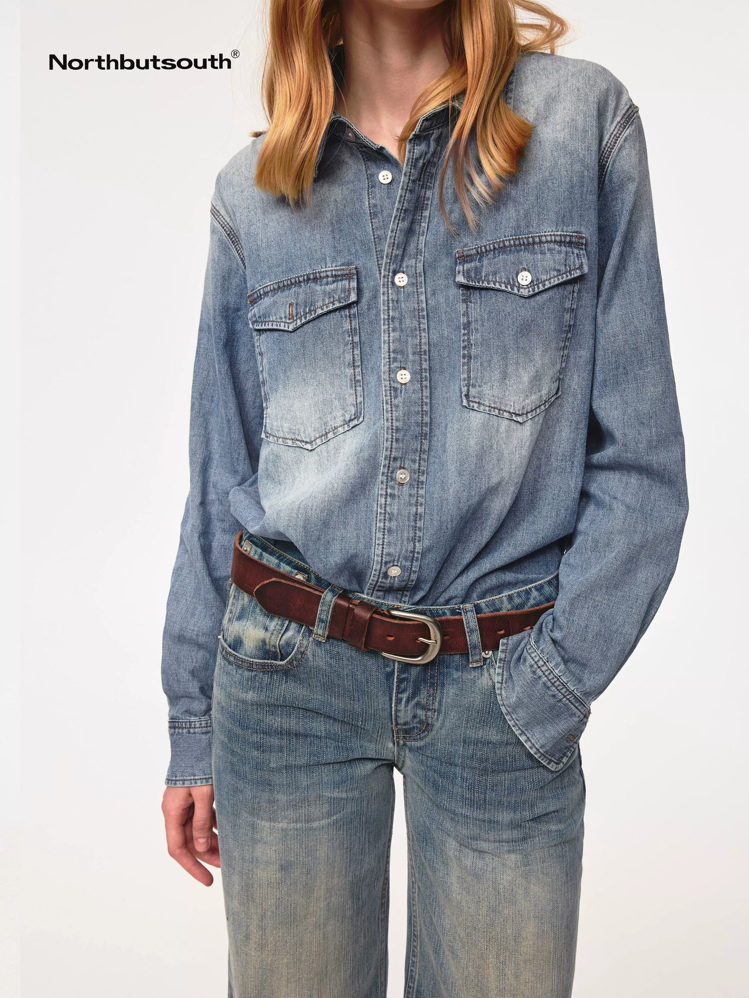 Vintage Washed Denim Shirt Jacket Lightweight Loose Fit