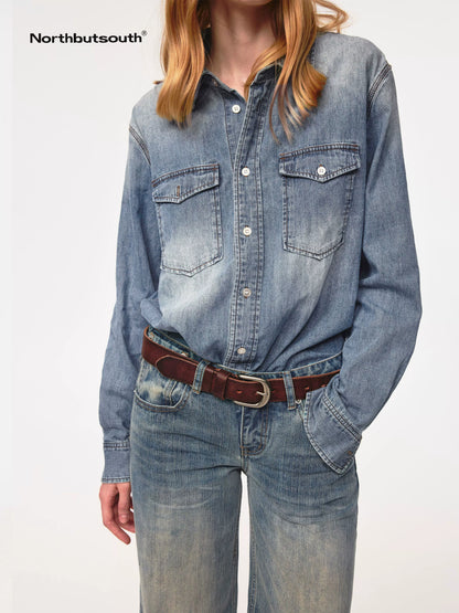 Vintage Washed Denim Shirt Jacket Lightweight Loose Fit