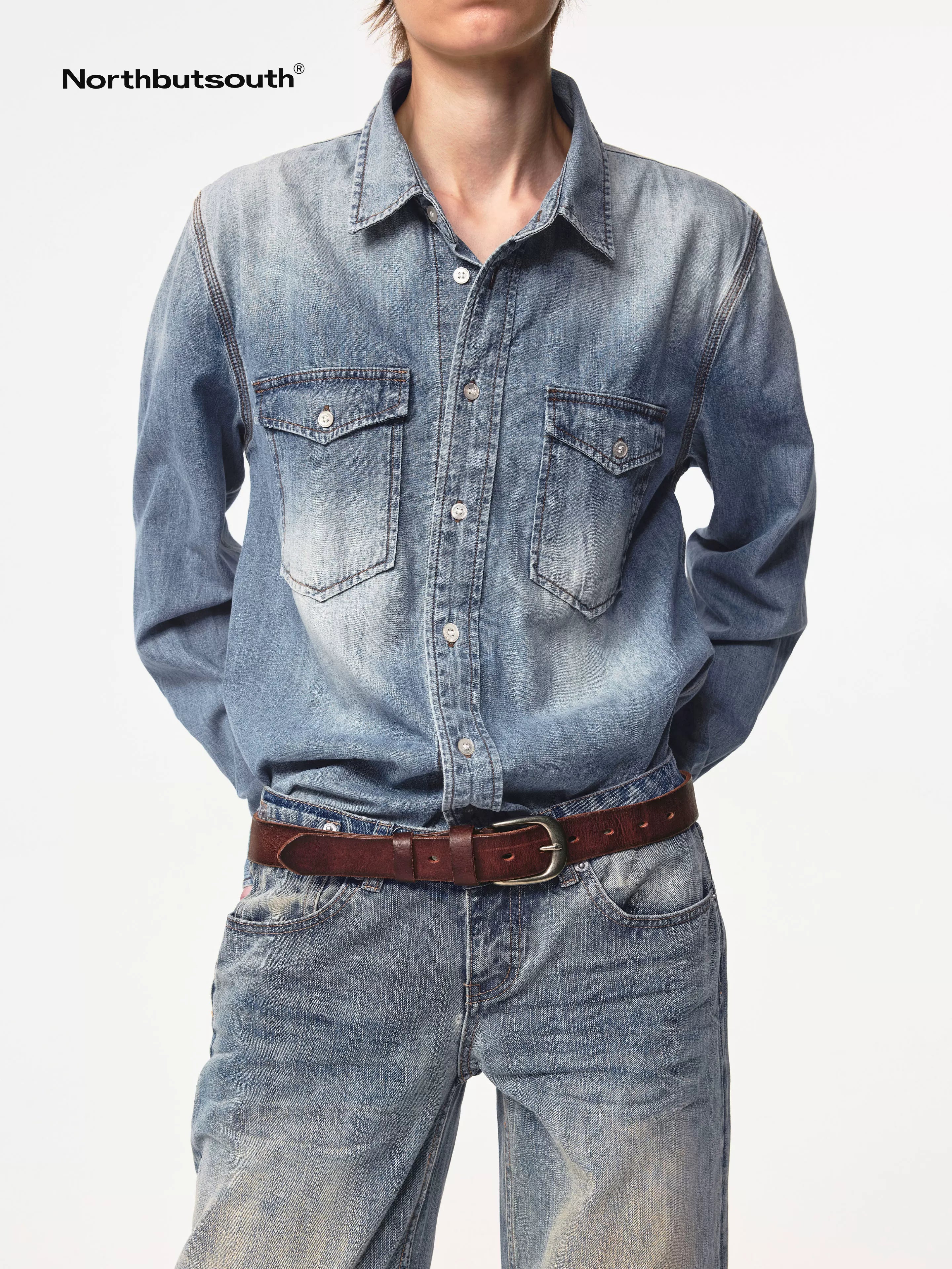 Vintage Washed Denim Shirt Jacket Lightweight Loose Fit