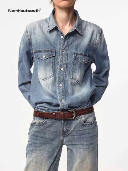 Vintage Washed Denim Shirt Jacket Lightweight Loose Fit