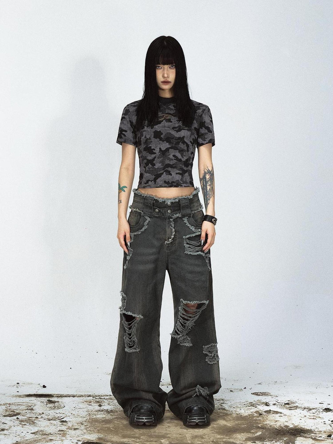Peoplesense Vintage Washed Distressed Loose Fit Wide Leg Denim Jeans