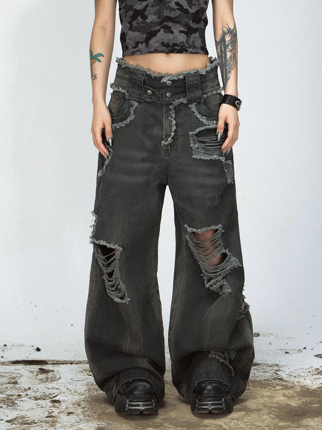 Peoplesense Vintage Washed Distressed Loose Fit Wide Leg Denim Jeans
