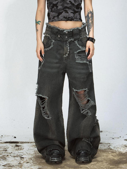 Peoplesense Vintage Washed Distressed Loose Fit Wide Leg Denim Jeans