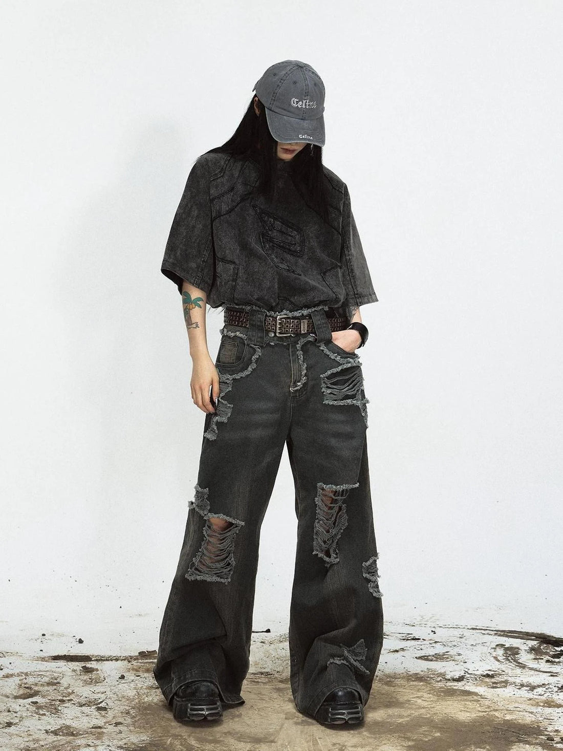 Vintage Washed Distressed Loose Fit Wide Leg Denim Jeans