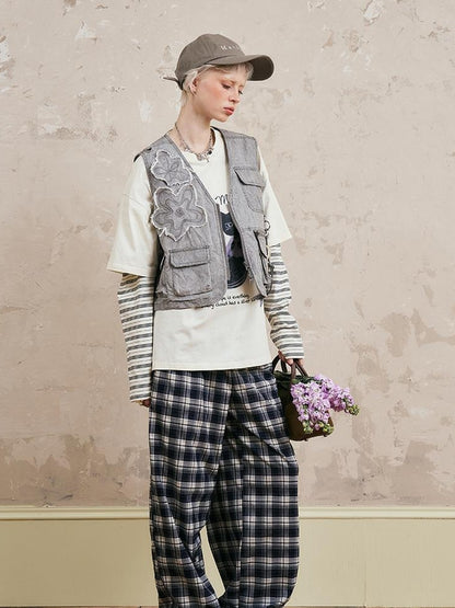 DIDDI MODA Vintage Washed Floral Patchwork Sleeveless Utility Jacket