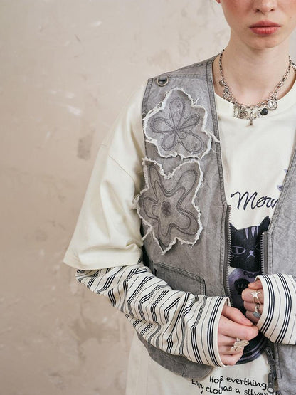 DIDDI MODA Vintage Washed Floral Patchwork Sleeveless Utility Jacket