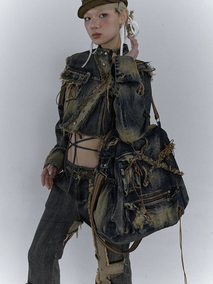 Vintage Washed Heavy Duty Denim Crossbody Shoulder Bag