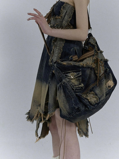 Vintage Washed Heavy Duty Denim Crossbody Shoulder Bag